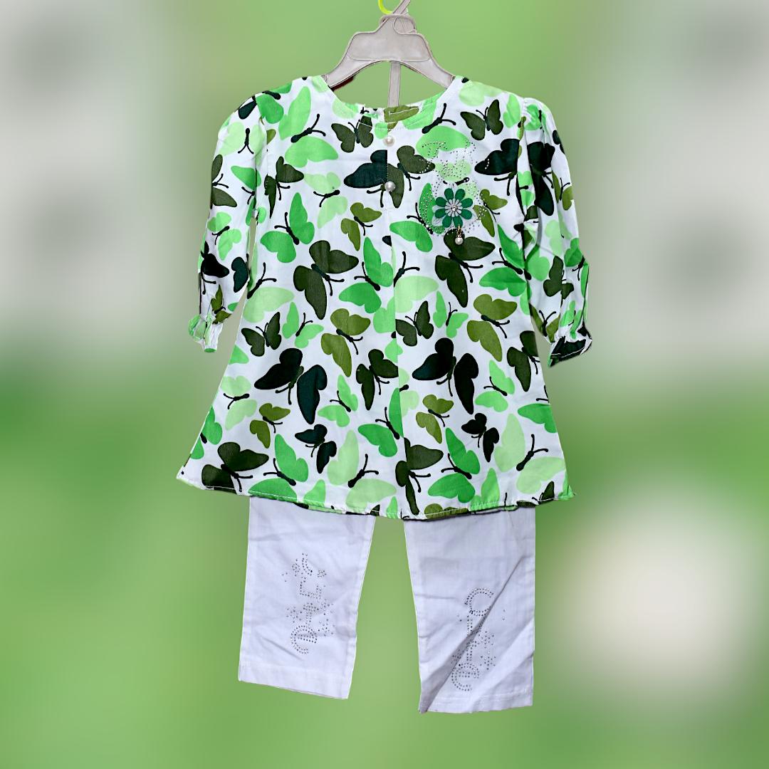 2 Pcs Girls Cotton Lawn Printed Frock And Trouser Set