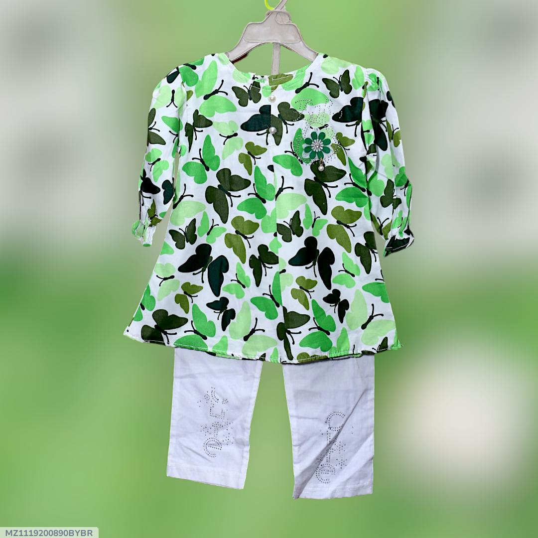 2 Pcs Girls Cotton Lawn Printed Frock And Trouser Set